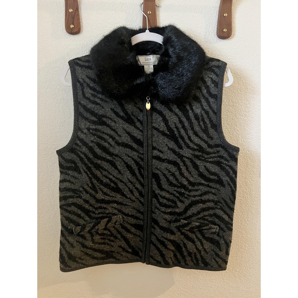 Lisa International Vest Womens Medium Gray Zebra Wool Faux Fur Collar Zip Front